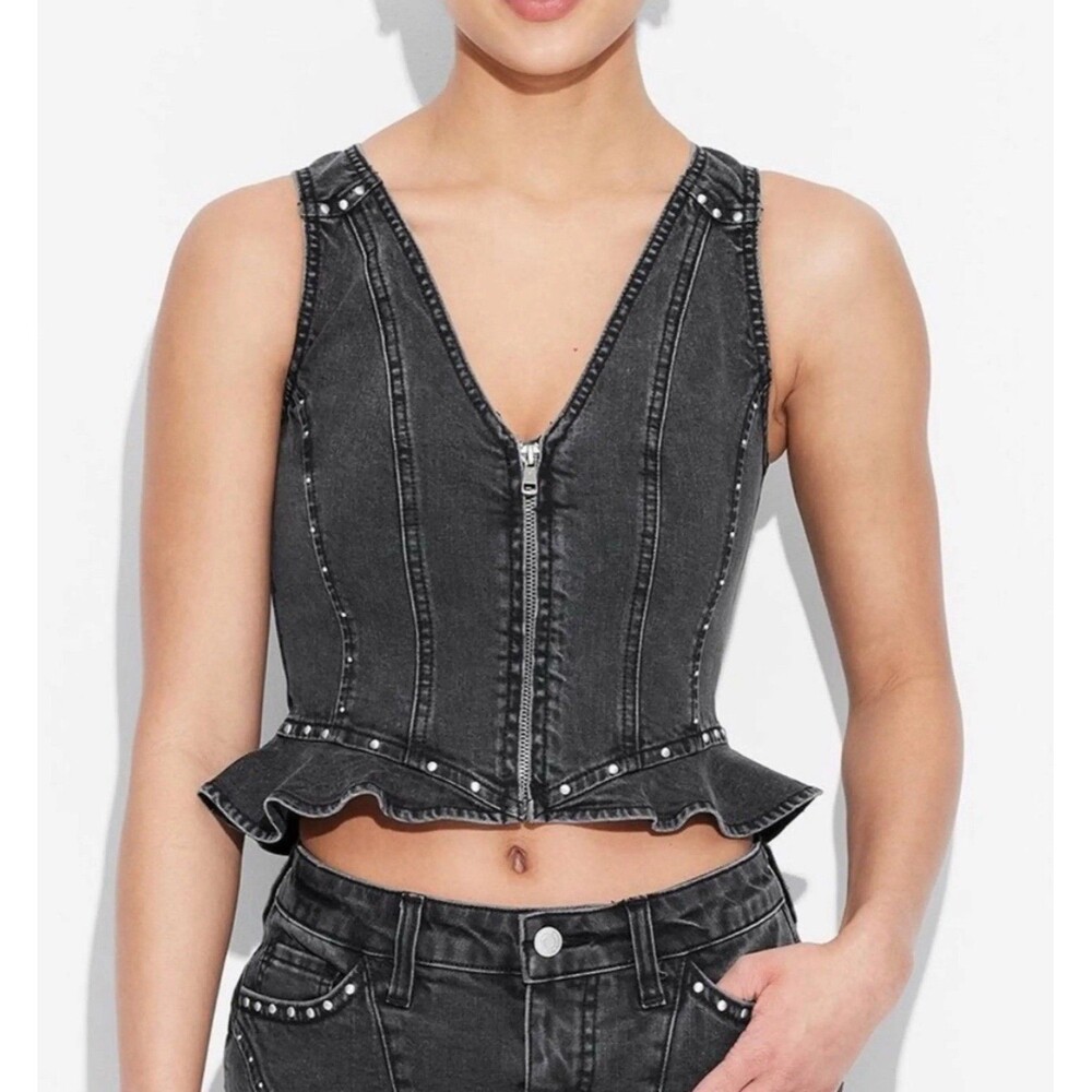 Women’s Black Denim Studded Vest Size Small Wild Fable Ruffle Hem Sleeveless Top